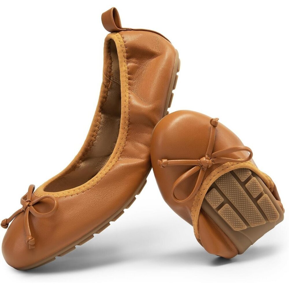 Women's Brown Flats Foldable Ballet Bowknot Round Toe Comfort Light Weight